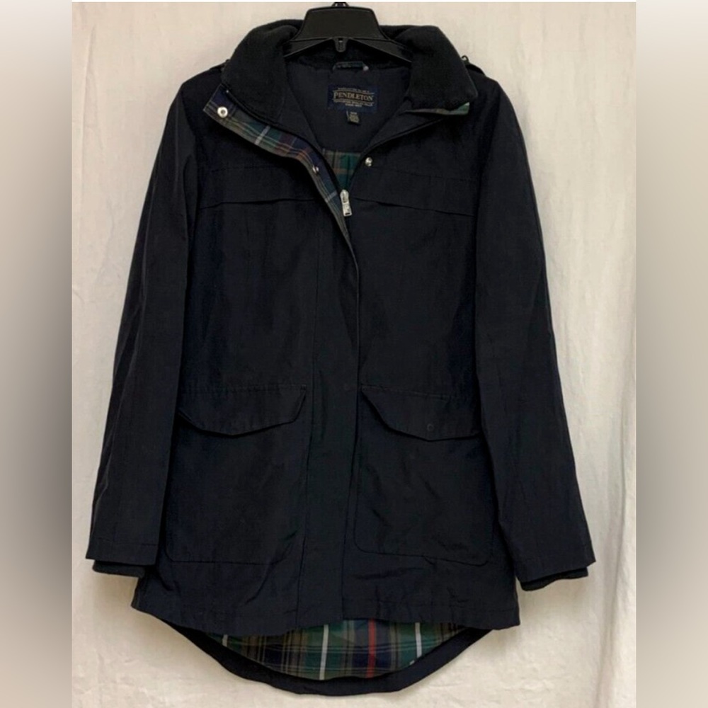 PENDLETON Rain Coat Black Womens Medium Jacket Full Zip Snap Hideaway Hood NICE!